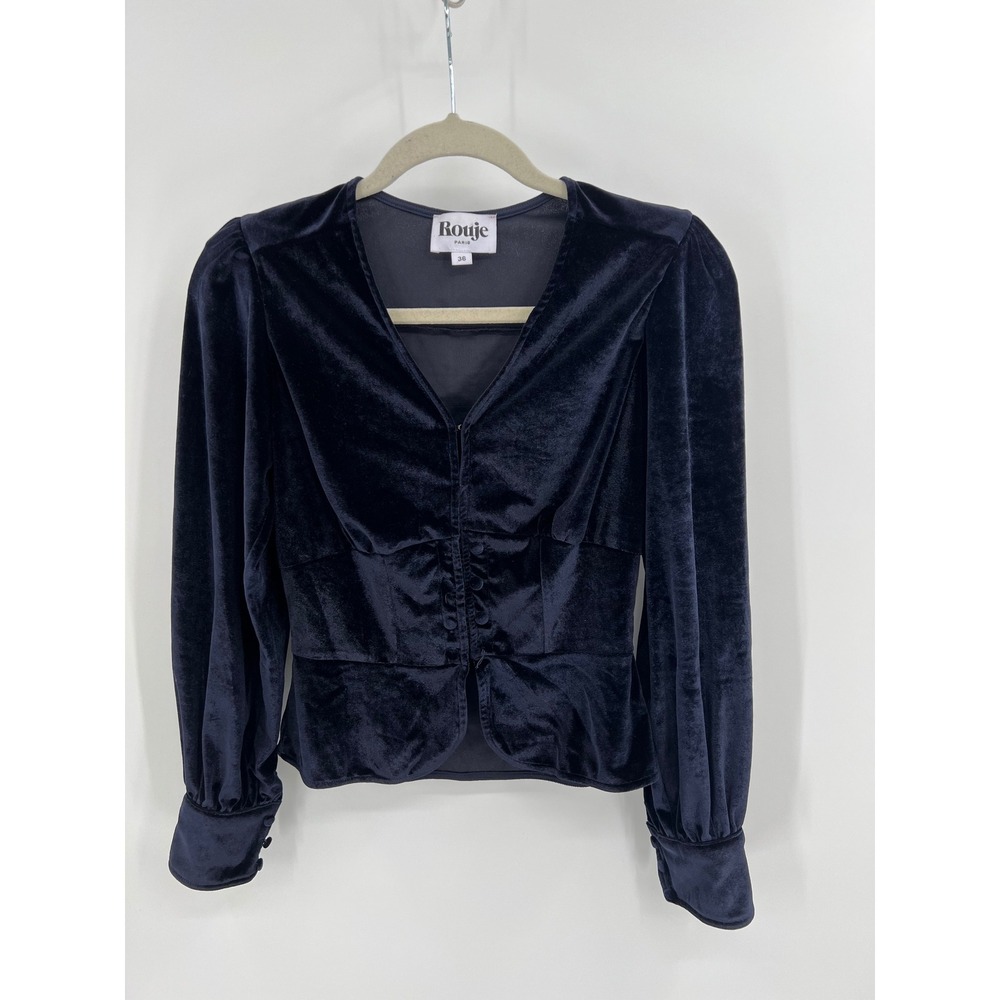Rouje Paris Navy Velvet Puff Sleeve Top | FR 36‎ (US 4/S) French Girl Style
